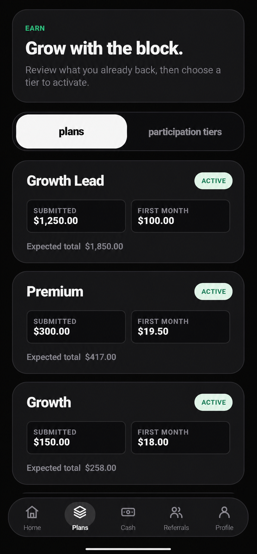 Yepbiz active plans using fictional demo amounts