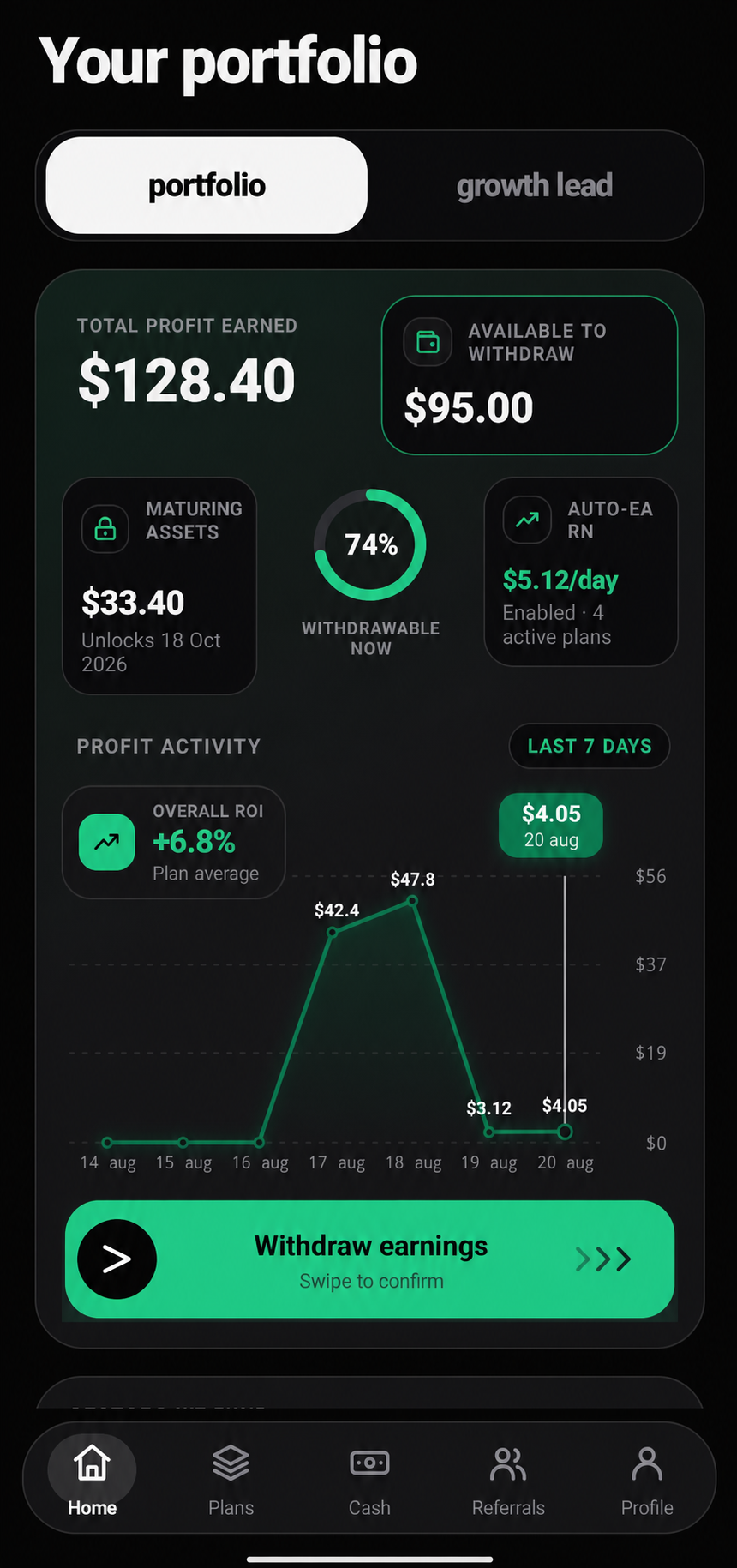 Yepbiz portfolio overview with fictional demo balances