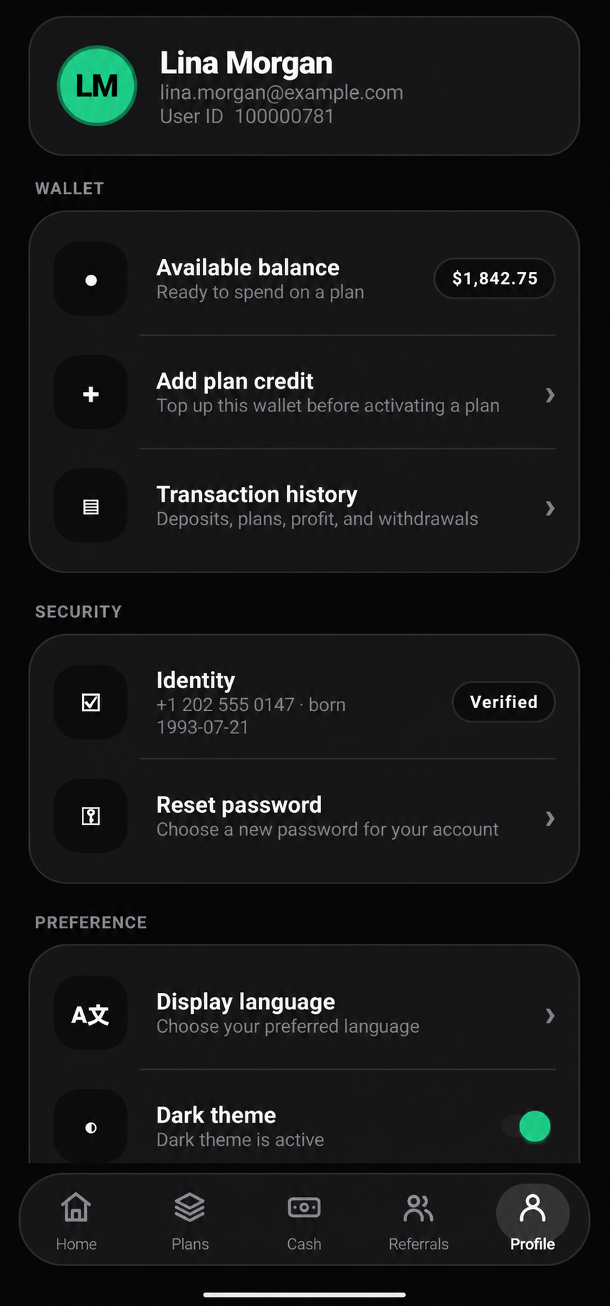 Yepbiz profile screen using a fictional demo identity